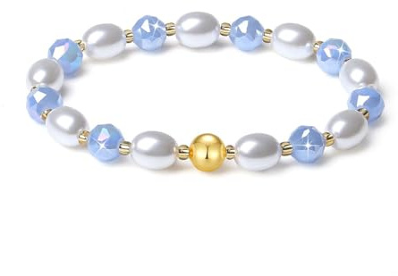 MetJakt Handgemachter Original Damen Armband Stretch Stretcharmband 8MM Kristalle Bunt Süßwasserperlen kernperle 18k Vergoldet Schmuck Kristall Armbänder für Damen (Hellcyan Jade)