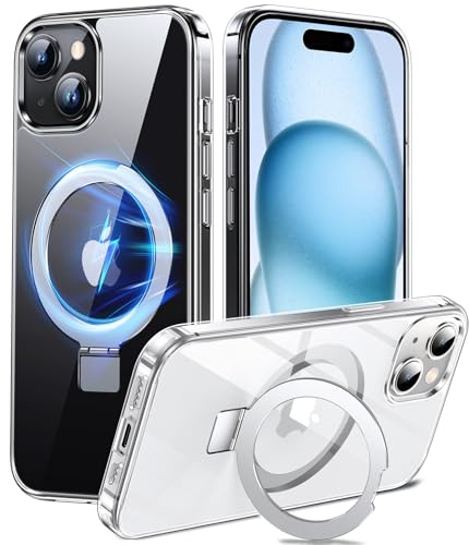 Chicfun 3-in-1 MagStänder für iPhone 15 Hülle für MagSafe, [Nr. 1 Magnetkraft+Handlicher Ständer+Militär Stoßfest] Schutzhülle Handyhülle iPhone 15 Case Cover Silikon Bumper, Transparent