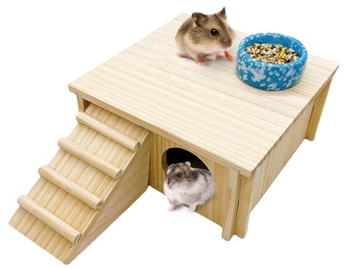 Acsist Wooden Hamster Hideout House,Gerbil Hide Hut with Climbing Ladder Platform,Dwarf Syrian Hamster Hideaway Cave Cage Accessories Habitats Decor for Rat Mice Mouse and Other Small Pets