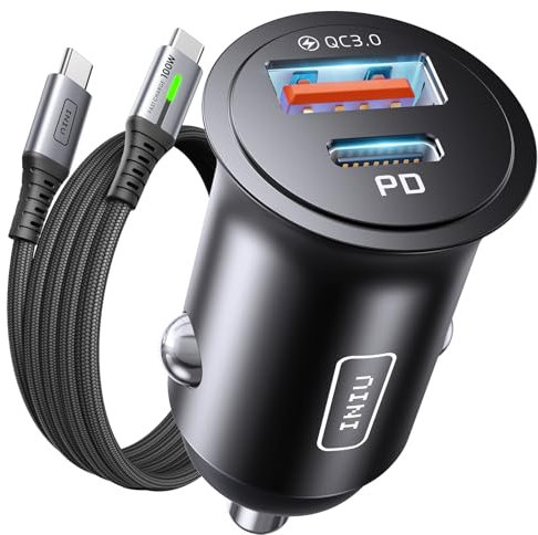 INIU Cargador Coche Carga Rápida, 60W Total [USB C 30W+USB A 30W] PD & QC3.0 Car Charger+[1m] 100W Cable, USB C Cargador Mechero Coche para Movil iPhone 16 15 14 Pro MAX iPad Samsung S25 Huawei LG
