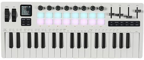 Btuty 37 Key MIDI Keyboard with Velocity Sensitivity, Synthesizer Engine, RGB Backlit Drum Pads, 8 Knobs, 4 Sliders, BT MIDI Connectivity, Portable Rechargeable Battery, Music
