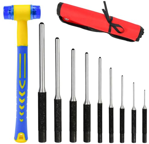 JNEYVIC 9 Pezzi Punzoni per Perni con 1 Martello in gomma, 0.8 mm-5.6 mm Cacciaspine Set Punzoni Perni A Rullo Perni Punzone in Acciaio 40CR punzoni a perno rotante per Riparazione Orologi/Gioielli