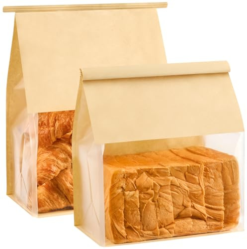 Ocmoiy 50 Pack Bread Bags for Homemade Breads, 8.7x4.3x11 Inches Resealable Tin Tie Tab Lock Large Bakery Packaging Bags with Window for Sourdough Bread, Bagels, Pastry