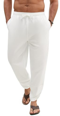 Lonya Pantalones Hombre Verano Algodón Holgados Ligeros Pantalon Casuales Deporte Vacaciones Cómodos Playa Yoga Pantalón con Cintura Elástica Blanco,L