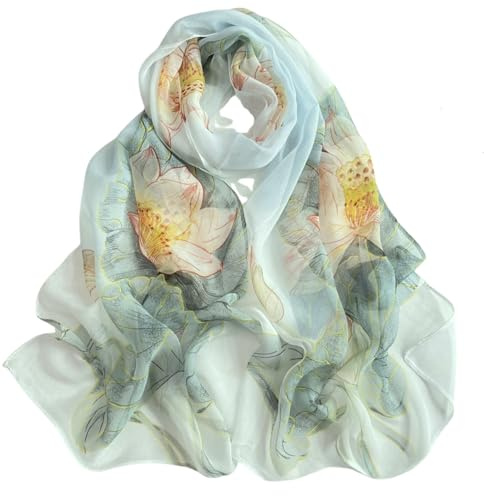 LEBOOBELL Foulard femme 160cm imprimé aquarelle lotus et fleurs écharpe légère anti-UV polyvalente l’été style champêtre élégant