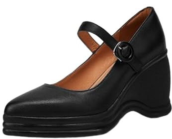 Generico Scarpe Donna Mary Jane Wedge Punta Affusolata Scarpe con Tacco Piatto Cinturino Caviglia Regolabile Fibbia Tacco Compensato Pelle Sintetica Comfort,Nero,37 EU
