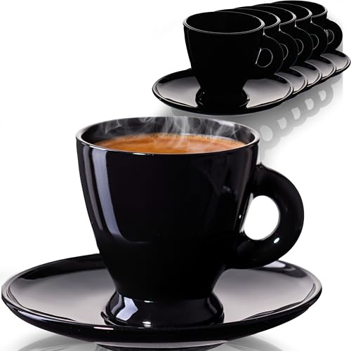 PLATINUX Espressokoppar set – 6 svarta espressoglas med fat av glas 93 ml – kaffeglas kaffeglas