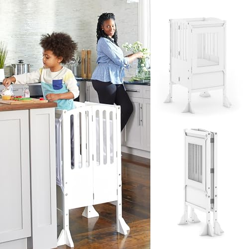 Guidecraft Kitchen Helper® Toddler Tower Step Stool - Contemporary - White: Folding Adjustable Height Montessori Wooden Learning Furniture with Keepers