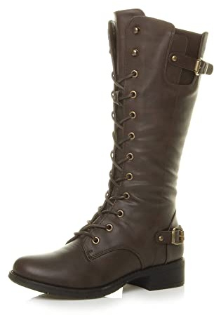 Ajvani Womens Ladies Low Heel lace up Zip Biker Military Calf Boots, Brown Matte, 5 UK