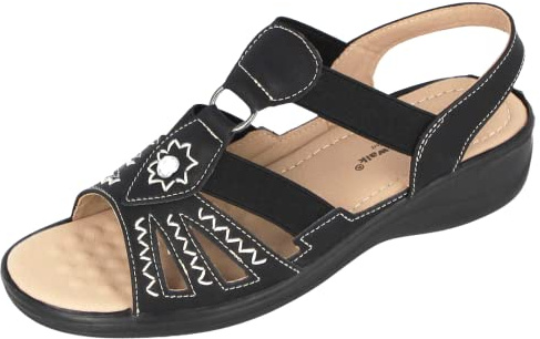 Cushion Walk Sandalias de verano para mujer, de piel sintética, puntera abierta, barra en T, ligeras, elásticas, con tiras, Lisa Negro Crema, 39 EU