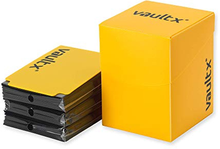 Vault X Trading Card Deck Box and 150 Black Card Sleeves, fits 100+ Sleeved Cards, Large Standard, Card Holder Storage Box, for MTG Commander Game, TCG (Yellow)
