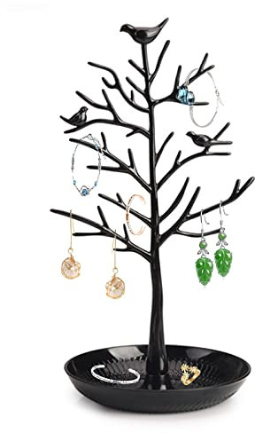 HsentimenH Vogelbaum, Ohrringständer, Schmuckständer, Schwarz, Schmuckständer, mehrreihig, Ohrringe, Schmuckregal, zum Aufhängen von Halsketten, Ornamenten