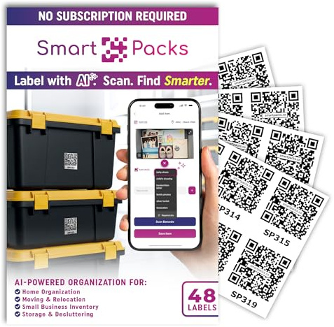 SmartPacks Etichette QR Code per archiviazione e organizzazione - Adesivi premium QR Code con app - Etichette avanzate per imballaggi e tracciamenti con codice QR per inventario, stoccaggio,