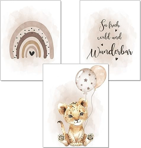 artpin® Poster Kinderzimmer Deko - A4 Bilder Babyzimmer in Sand für Jungen Mädchen - Safari Dschungel Tierposter Luftballon Tiger Beige (K6)