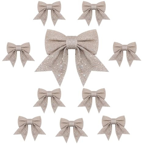 TOPWAYS 10PCS Christmas Bow Decorations, Champagne Gold Bows for Christmas Tree, Sequin Bow Ties, Xmas Decorative Bows Ornaments for Home Christmas Party 6.7in (Champagne Gold)