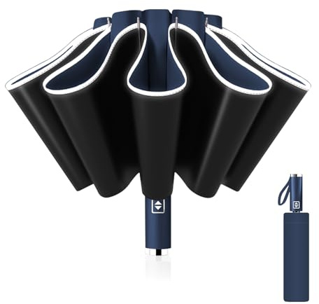 Pioggistar Parapluie Pliant Automatique, Parapluie inversé 10 Baleines pour Homme et Femme, Parapluie Diamètre 105 cm, Anti Vent, Anti Tempete, Bleu foncé