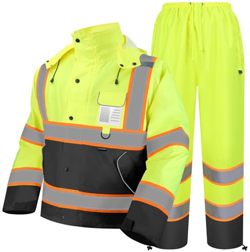 TICONN Hi Vis Rain Jacket and Pants, Waterproof High Visibility Safety Rain Suits, ANSI Class 3 Reflective Rain Gear for Men and Women (Yellow&Black, M)