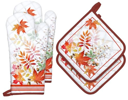 Arquiel Fall Mapel Leaf Oven Mitts and Pot Holders Sets 4Pcs, 100% Cotton Heat Resistant, Extra Long Oven Gloves Potholder for Kitchen Cooking Baking Decoration