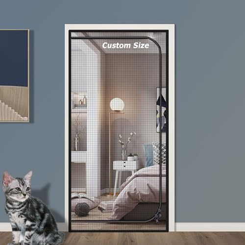 Customized Size Cat Dog Screen Door, Cat Scratch Proof Mosquito Screen Mesh, Self Adhesive Pets Partition Nets, Balcony Safety Screen with Double-side Zipper (Custom Size)
