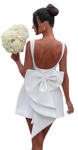 Wchecalino White Short Bridal Dress with Bow Pearl Satin A-Line Simple Mini Homecoming Dress 2026 Corset Back 4