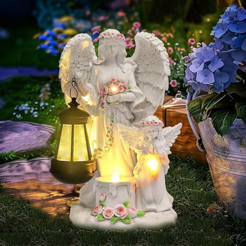 Tuzsocr Statue da giardino a forma di angelo custode con lanterna solare a LED, decorazione per esterni, resistente alle intemperie, per cimitero, scultura d'angelo, giardino, terrazza, davanzale, 33
