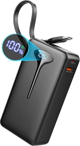 Batterie Externe 10000mAh, 22.5W Power Bank Charge Rapide, 3 Sorties avec Câbles Intégrés, Batterie Portable 3A USB C avec Affichage LED, Chargeur Externe pour iPhone16 15 14 13 Pro Max Samsung Xiaomi