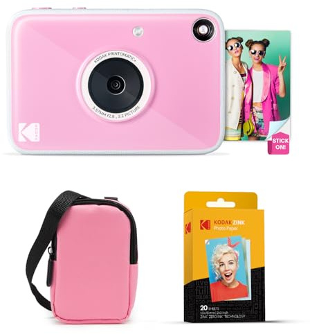 KODAK Printomatic+ Fotocamera Istantanea 10MP Kit Iniziale (Rosa) con Custodia, RGB LED e Carta Adesiva Zink 20pz – Rosa