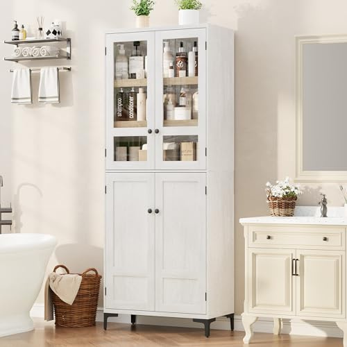 IDEALHOUSE Tall Storage Cabinet with Glass Doors, 71 Height, Adjustable Shelf, Light Oak Wood, Multi-Purpose Organizer for Kitchen Pantry and Bathroom (Oak White, 4 Doors with Glass)