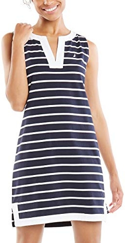 Nautica Dam Pikéklänning, bretonska ränder, ärmlös, V-ringning, stretchig bomull, Marinblått Xsp, M