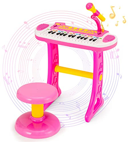 GOPLUS Clavier de Piano à 31 Touches pour Enfant, Jouet Piano Électronique avec Tabouret et Microphone, 22 Démos, pour Garçons et Filles 3+ Ans et Plus (Rose)