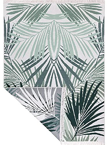Fashion4Home Teppich Läufer - Tepiche für Wohnzimmer, Schlafzimmer, Küche, Kinderzimmer, Badezimmer - Boho Kelim - Läufer Flur, Palm-Grün-Weiß, Größe: 140x200 cm