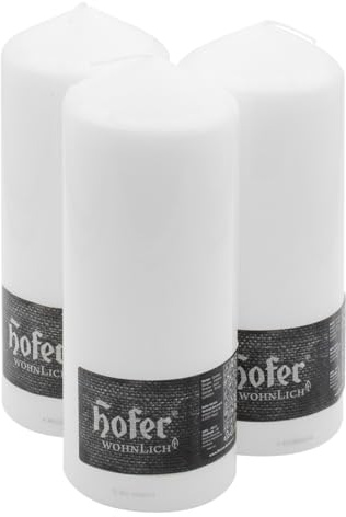 Hofer Candela Cera a Colonna Cilindrica Pilastro - Set di 3 Candele - 80 x 200 mm - Colore Bianco - Lunga Durata: 80 Ore - Antigoccia, No Fumo, Senza Odore - Pacco di 3 Unità - Qualità EU