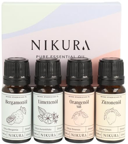 Nikura Citrus Oils Set - 4 x 10ml | Perfect for Cleaning, Aromatherapy, Diffusers for Home, Incense, Laundry | 100% Pure and Natural Essential Oils Including Bergamot, Lemon, Lime and Sweet Orange