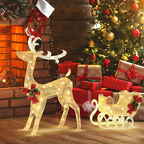 GYMAX Reno LED con Trineo, Decoración Navideña Brillante con Luces Cálidas y Construcción Sólida con Picos de Suelo, Figura de Navidad con Red Dorada, Iluminación Navideña para Exterior e Interior