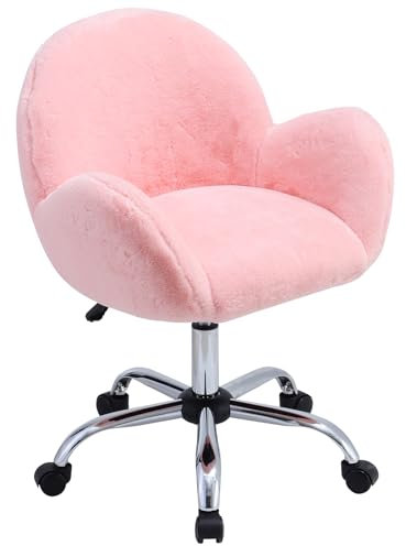 Warmiehomy Fluffy Chair Comfortable Pink Velvet Office Chair with Wheels for Bedroom, Dressing Room