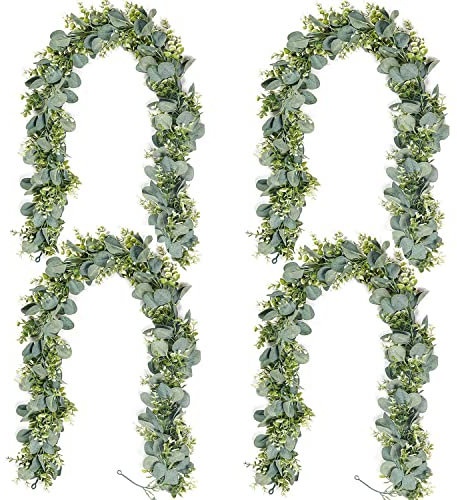 Falflor 4pcs Greenery Garland Realistic Handmade Eucalyptus Leaves Vine Fake Boxwood Garland for Wedding Table Crafts Wall Mantel Home Decor