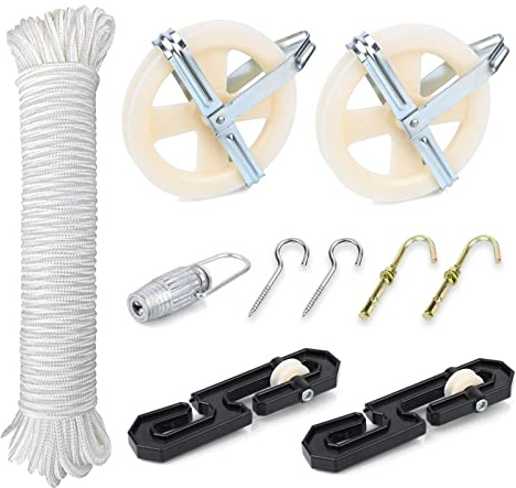 TooTaci Outdoor Clothesline Kit, 5 Nylon Clothesline Pulley Kit, 150ft Polyester Clothes Line Rope Outdoors Heavy Duty, Clothes Line Pulley Kit with S Separator Spreader, Rope Tightener, Hook