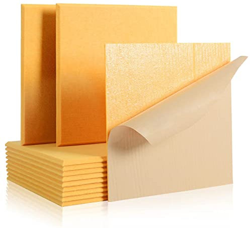 Rdutuok 12 Pack Self-Adhesive High Density Sound Proof Panels,30 x 30 x1 cm Beveled Edge Tiles Sound Proof Padding for Recording Room,Offices,Home and Wall Decoration(Orange-yellow)