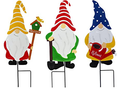 NewVees Zwerg Gartendekorationen Metall Outdoor Stakes Wanddekoration Charmante Zwerg Figur Schilder für Ostern Weihnachten Hofschild für Rasen Veranda Terrasse Dekoration (53,3 cm, 3 Stück)