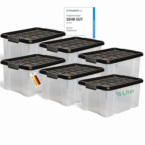 Novaliv 6x Aufbewahrungsboxen mit Deckel 15L Anthrazit Nestbar stapelbare Storage boxes mit Clipverschluss Kunststoffbox BPA-frei 41 x 29 x 20 cm