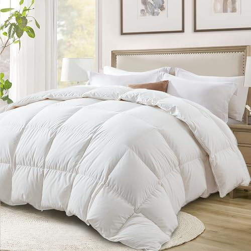 Globon Ultra-Soft Down Feather Comforter King Size,Luxurious Hotel Collection Fluffy Duvet Insert for All Season,Noiseless Shell,700 Filling Power,Medium Weight with Corner Tabs, White