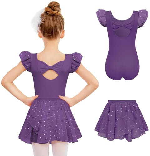 Arshiner Ballettkleid Mädchen Ballettkleidung Rüschenärmel Balletttrikot Lila Ballettanzug Kinder Ballett Kostüm Ballett Tanztrikot Baumwolle Ballerina Outfit 7-8 Jahre