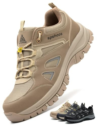 SPSHOOS Arbeitsschuhe Herren S1P Sicherheitsschuhe Damen Leicht ESD Stahlkappenschuhe Küche rutschfest Atmungsaktiv Sportlich Khaki EU 43
