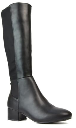 ESSEX GLAM Women's Stretchy Boots Ladies Low Heel Elasticated Calf Knee Black Synthetic Leather Biker Style Booties Size 4