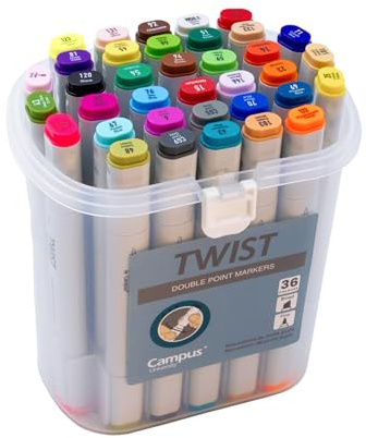 Campus Rotuladores Doble Punta Twist, Marcadores de Alcohol con Punta Redonda 2mm y Biselada 5mm, Permanentes para Todas Superficies, Incluye Maletn con Asa (36 Colores)