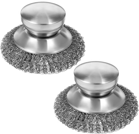 Abeillo 2 Pcs Metal Scourer with Handle, Stainless Steel Scourer, Heavy Duty Kitchen Scrubbing Brush for Cleaning Pots, Pans, Grills, Sink (Stainless Steel Handle)
