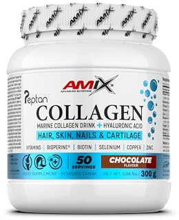 Amix™ Marine Peptan®Collagen Drink - Colágeno Marino Peptan® con Ácido Hialurónico, Vitaminas C y E, Zinc, Selenio y Biotin - Complemento alimenticio - Polvo - 300 g - Sabor: Chocolate