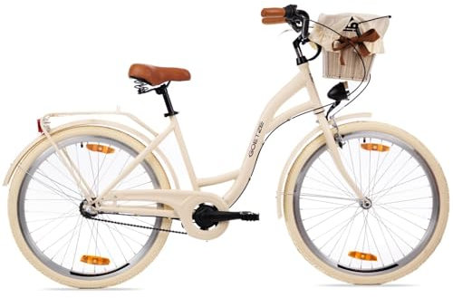 Goetze Style 26 Zoll Citybike, 17 Zoll Tiefeinsteiger Rahmen, 3-Gang Nabenschaltung, Rücktrittbremse, V-Bremse vorne, LED-Beleuchtung, Rattankorb, Komfortsattel, mit Seitenständer & Klingel