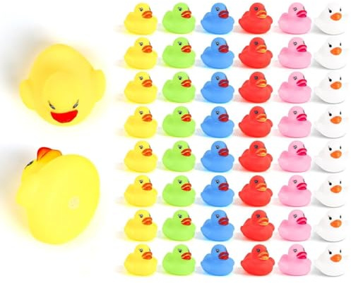 SULOLI 50 Piezas Patitos para Baño，Patos Chirriantes de Caucho，Patitos de Goma Baño Bebe，Juguetes de Goma para Niños y Bebés，Regalos de Suministros para Fiestas(6 Colores)