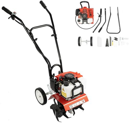 ACROSSPART 52CC 2-Takt Gartenfräse Benzin Motorhacke, Motorhacke Benzin mit Höhenverstellbare Räder, Professionelle Bodenfräse für zum Garten Umgraben und Lockern